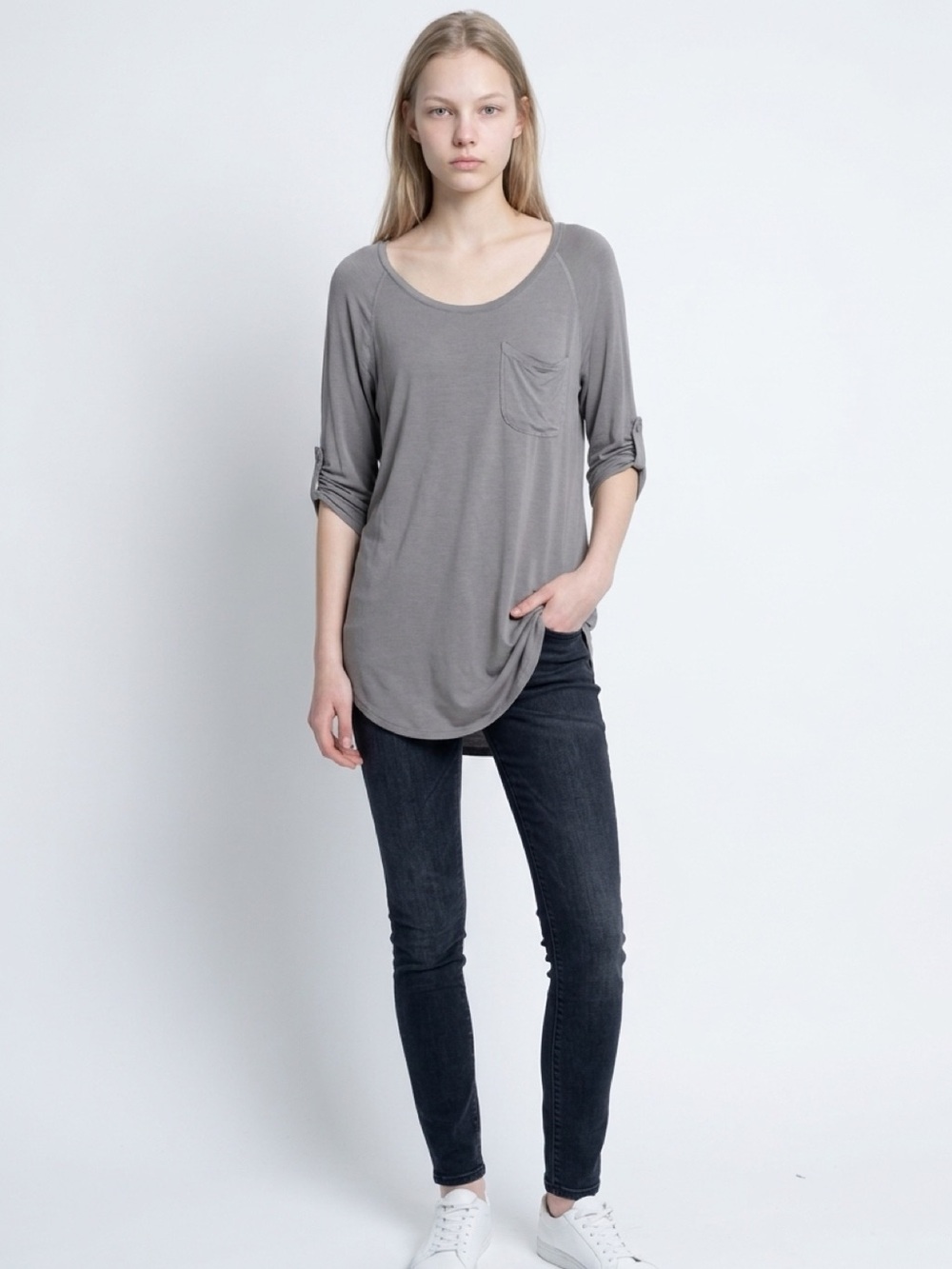 NWT Zara Trafalu Medium Grey Scoopneck Tunic Shirt with Chest Pocket